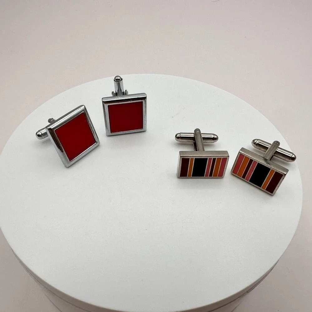 Vintage 80s Paul Smith Style Multi Stripe & Red Enamel Cufflinks Set Lot Jewelry